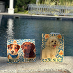 Three small ceramic tiles with dog portraits and names on a poolside background