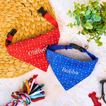 Two dog bandanas, one red and one blue, with names printed on them, placed on a textured surface with a plant in the background.